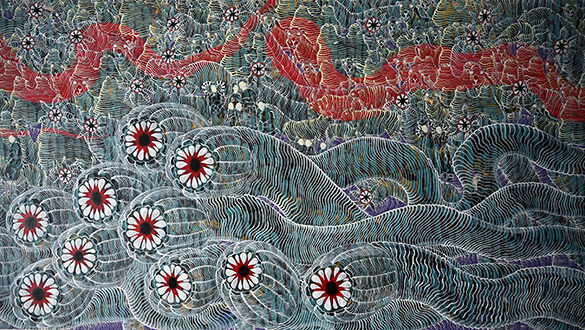 Mongolian Death Worm by OtGO 2023, acryl on canvas 75 x 400 cm. Detailed view: Mongolian Death Worm - Олгой хорхой