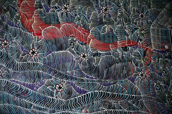 Mongolian Death Worm by OtGO 2023, acryl on canvas 75 x 400 cm. Detailed view: Mongolian Death Worm - Олгой хорхой