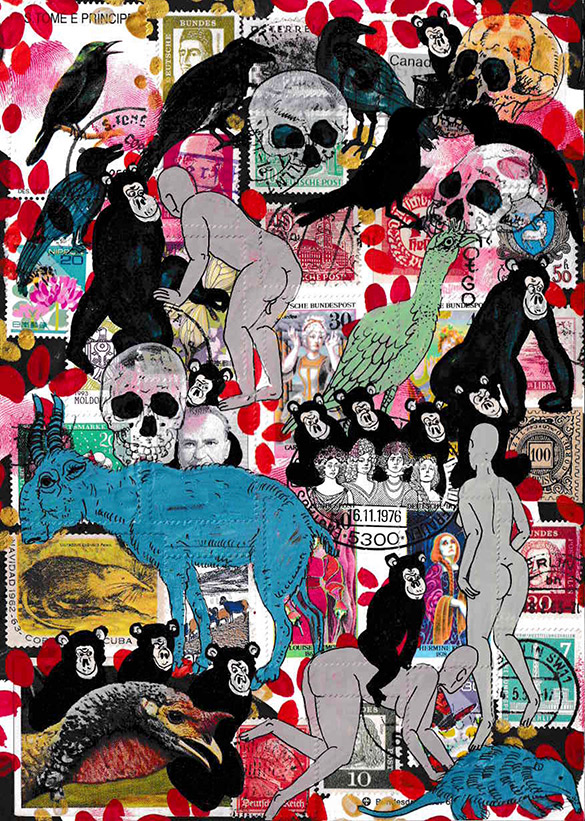 Cabine of Curiosities Memento Mori 11 by OtGO 2024-2025, ink and acryl on original Stamps, 210 x 148  mm (A5)