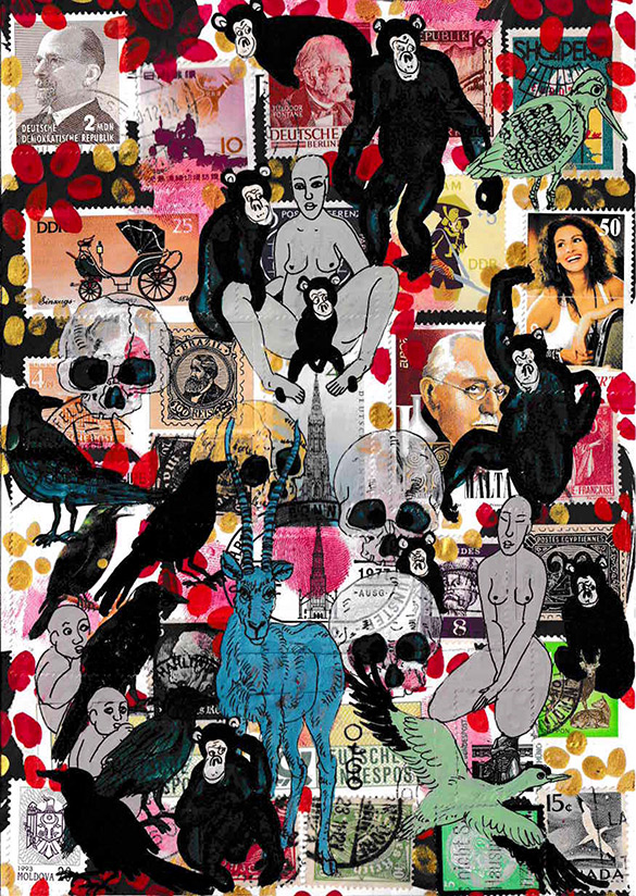 Cabine of Curiosities Memento Mori 16 by OtGO 2024-2025, ink and acryl on original Stamps, 210 x 148  mm (A5)