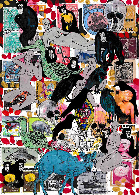 Cabine of Curiosities Memento Mori 19 by OtGO 2024-2025, ink and acryl on original Stamps, 210 x 148  mm (A5)