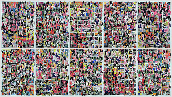 Cabinet of Curiosities Salon 10 pictures with stamps by OtGO  2024-2025, consists of 10  equal-sized single paintings, ink and acryl on original Stamps, each measuring 594 by 420 mm (A2)