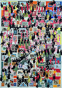 Cabinet of Curiosities Salon: 6/10 pictures with stamps  by OtGO 2024-2025, consists of 10 equal-sized single paintings, ink and acryl on original Stamps, each measuring 594 by 420 mm (A2)