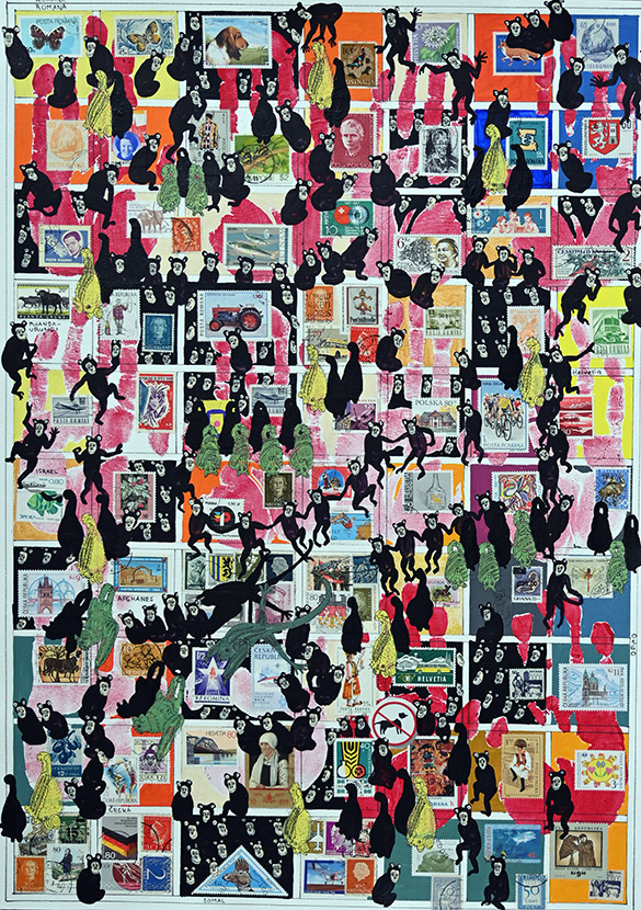 Cabinet of Curiosities Salon: 6/10 pictures with stamps by OtGO 2024-2025, consists of 10 equal-sized single paintings, ink and acryl on original Stamps, each measuring 594 by 420 mm (A2)