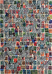 Cabinet of Curiosities Zebras 30/30: 30 pictures with stamps by OtGO 2024–2025, consists of 30 equal-sized single paintings, ink and acryl on original Stamps, each measuring 420 by 297 mm (A3)
