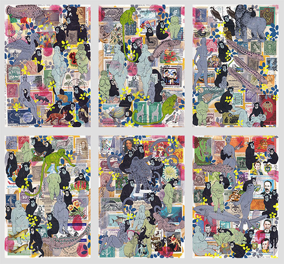 Cabinet of Curiosities Malta 6 pictures with stamps by OtGO  2025, consists of 6  equal-sized single paintings, ink and acryl on original Stamps, each measuring 210 by 148 mm (A5)