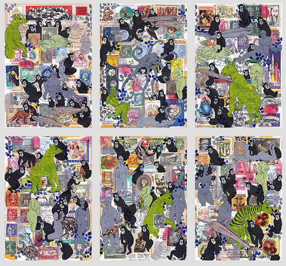 Cabinet of Curiosities Malta 6 pictures with stamps by OtGO  2025, consists of 6  equal-sized single paintings, ink and acryl on original Stamps, each measuring 210 by 148 mm (A5)