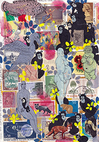 Cabinet of Curiosities Malta-1: 6 pictures with stamps  by OtGO 2025, consists of 6 equal-sized single paintings, ink and acryl on original Stamps, each measuring 210 by 148 mm (A5)