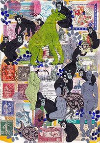 Cabinet of Curiosities Malta-1: 6 pictures with stamps  by OtGO 2025, consists of 6 equal-sized single paintings, ink and acryl on original Stamps, each measuring 210 by 148 mm (A5)