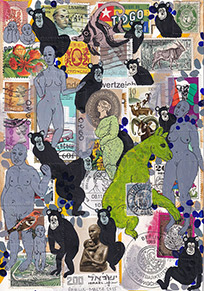Cabinet of Curiosities Malta-1: 6 pictures with stamps  by OtGO 2025, consists of 6 equal-sized single paintings, ink and acryl on original Stamps, each measuring 210 by 148 mm (A5)