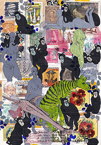 Cabinet of Curiosities Malta-1: 6 pictures with stamps  by OtGO 2025, consists of 6 equal-sized single paintings, ink and acryl on original Stamps, each measuring 210 by 148 mm (A5)