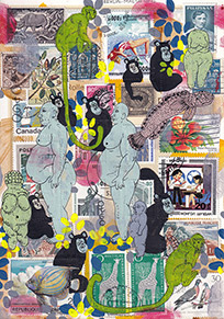 Cabinet of Curiosities Malta-1: 6 pictures with stamps  by OtGO 2025, consists of 6 equal-sized single paintings, ink and acryl on original Stamps, each measuring 210 by 148 mm (A5)