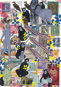 Cabinet of Curiosities Malta-1: 6 pictures with stamps  by OtGO 2025, consists of 6 equal-sized single paintings, ink and acryl on original Stamps, each measuring 210 by 148 mm (A5)