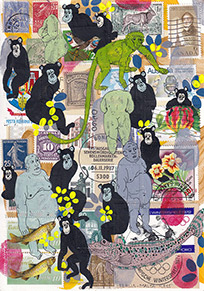 Cabinet of Curiosities Malta-1: 6 pictures with stamps  by OtGO 2025, consists of 6 equal-sized single paintings, ink and acryl on original Stamps, each measuring 210 by 148 mm (A5)