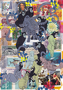 Cabinet of Curiosities Malta-1: 6 pictures with stamps  by OtGO 2025, consists of 6 equal-sized single paintings, ink and acryl on original Stamps, each measuring 210 by 148 mm (A5)