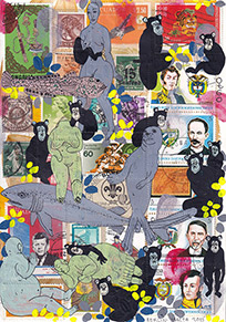 Cabinet of Curiosities Malta-1: 6 pictures with stamps  by OtGO 2025, consists of 6 equal-sized single paintings, ink and acryl on original Stamps, each measuring 210 by 148 mm (A5)