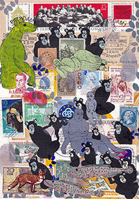 Cabinet of Curiosities Malta-1: 6 pictures with stamps  by OtGO 2025, consists of 6 equal-sized single paintings, ink and acryl on original Stamps, each measuring 210 by 148 mm (A5)