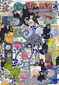 Cabinet of Curiosities Malta-1: 6 pictures with stamps  by OtGO 2025, consists of 6 equal-sized single paintings, ink and acryl on original Stamps, each measuring 210 by 148 mm (A5)