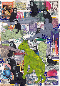 Cabinet of Curiosities Malta-1: 6 pictures with stamps  by OtGO 2025, consists of 6 equal-sized single paintings, ink and acryl on original Stamps, each measuring 210 by 148 mm (A5)