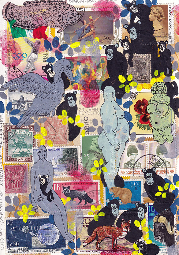 Cabinet of Curiosities Malta-1 1 by OtGO 2025, ink and acryl on original Stamps, 210 x 148  mm (A5)