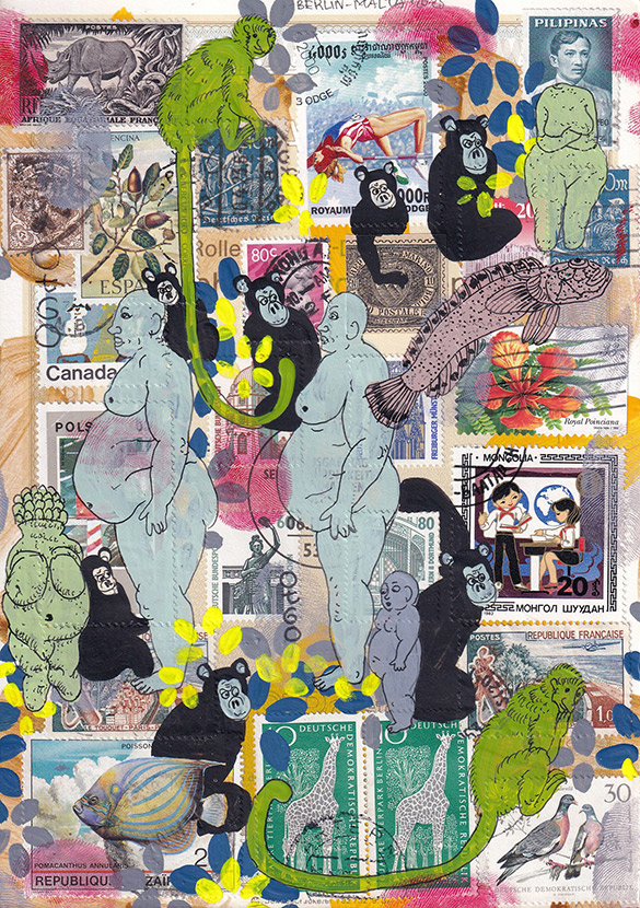 Cabinet of Curiosities Malta-1 2 by OtGO 2025, ink and acryl on original Stamps, 210 x 148  mm (A5)