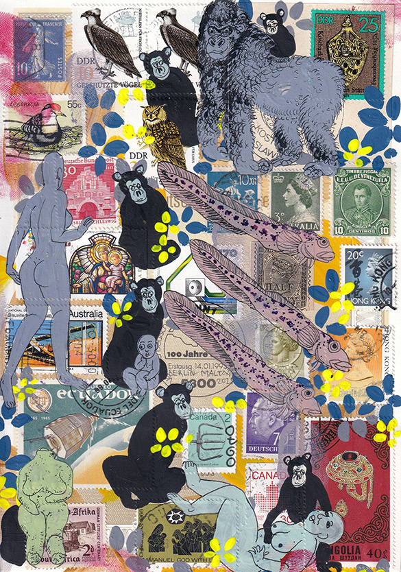 Cabinet of Curiosities Malta-1 3 by OtGO 2025, ink and acryl on original Stamps, 210 x 148  mm (A5)