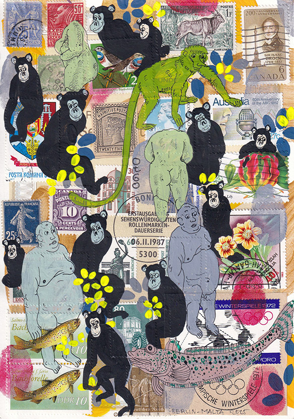 Cabinet of Curiosities Malta-1 4 by OtGO 2025, ink and acryl on original Stamps, 210 x 148  mm (A5)