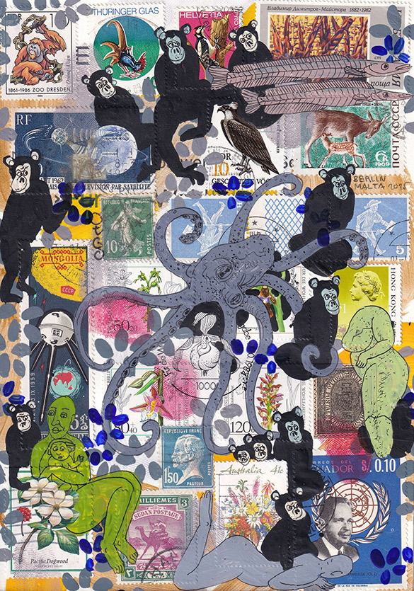 Cabinet of Curiosities Malta-2 8 by OtGO 2025, ink and acryl on original Stamps, 210 x 148  mm (A5)