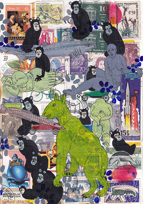 Cabinet of Curiosities Malta-2 9 by OtGO 2025, ink and acryl on original Stamps, 210 x 148  mm (A5)