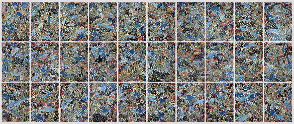 Wunderkammer Göschenen: 30 pictures with stamps by OtGO 2025, consists of 30 equal-sized single paintings, ink and acryl on original Stamps, each measuring 420 by 297 mm (A3)