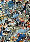 Wunderkammer Göschenen: 30 pictures with stamps by OtGO 2025, consists of 30 equal-sized single paintings, ink and acryl on original Stamps, each measuring 420 by 297 mm (A3)