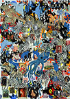 Wunderkammer Göschenen: 30 pictures with stamps by OtGO 2025, consists of 30 equal-sized single paintings, ink and acryl on original Stamps, each measuring 420 by 297 mm (A3)