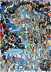 Wunderkammer Göschenen: 30 pictures with stamps by OtGO 2025, consists of 30 equal-sized single paintings, ink and acryl on original Stamps, each measuring 420 by 297 mm (A3)