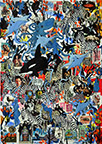 Wunderkammer Göschenen: 30 pictures with stamps by OtGO 2025, consists of 30 equal-sized single paintings, ink and acryl on original Stamps, each measuring 420 by 297 mm (A3)