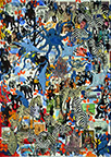 Wunderkammer Göschenen: 30 pictures with stamps by OtGO 2025, consists of 30 equal-sized single paintings, ink and acryl on original Stamps, each measuring 420 by 297 mm (A3)