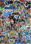 Wunderkammer Göschenen: 30 pictures with stamps by OtGO 2025, consists of 30 equal-sized single paintings, ink and acryl on original Stamps, each measuring 420 by 297 mm (A3)