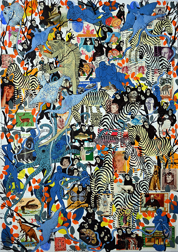 Wunderkammer Göschenen 1 by OtGO 2025 ink & acryl on original Stamps, 420 x 297 mm