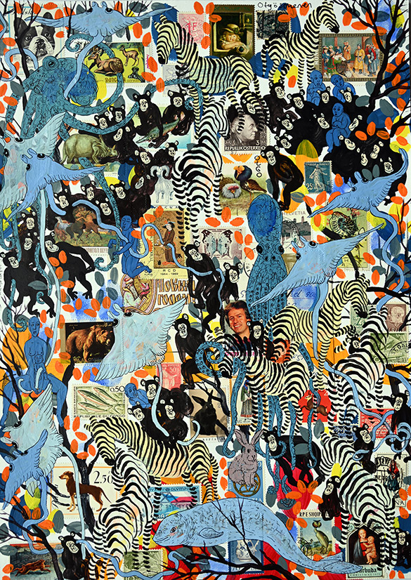 Wunderkammer Göschenen 2 by OtGO 2025 ink & acryl on original Stamps, 420 x 297 mm