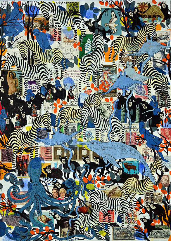 Wunderkammer Göschenen 4 by OtGO 2025 ink & acryl on original Stamps, 420 x 297 mm