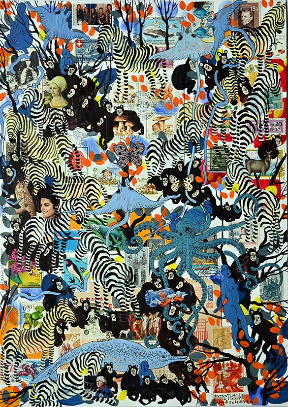 Wunderkammer Göschenen 5 by OtGO 2025 ink & acryl on original Stamps, 420 x 297 mm