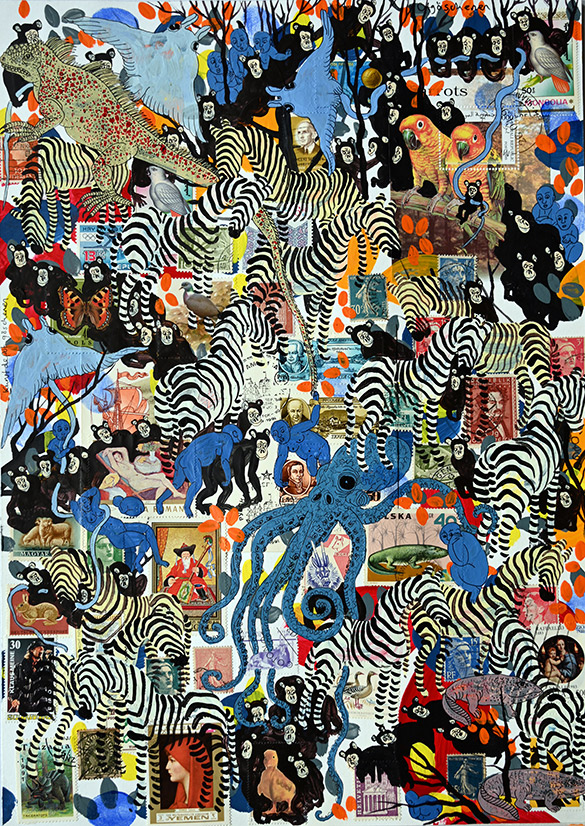 Wunderkammer Göschenen 6 by OtGO 2025 ink & acryl on original Stamps, 420 x 297 mm