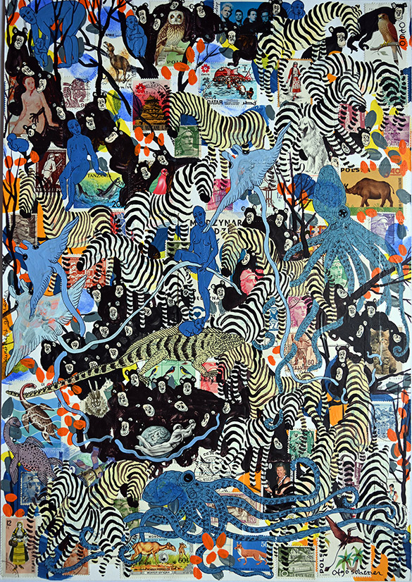 Wunderkammer Göschenen 7 by OtGO 2025 ink & acryl on original Stamps, 420 x 297 mm
