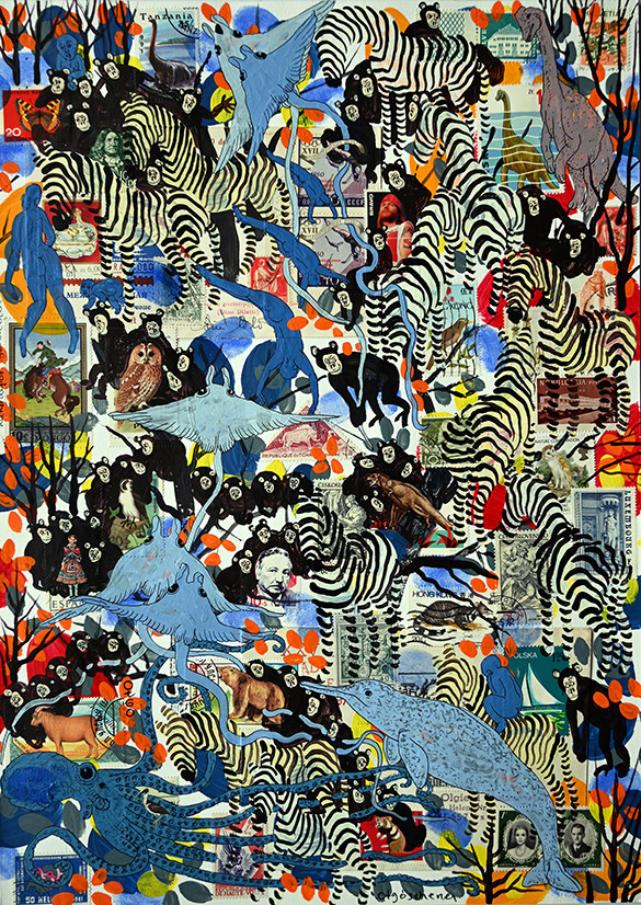 Wunderkammer Göschenen 9 by OtGO 2025 ink & acryl on original Stamps, 420 x 297 mm