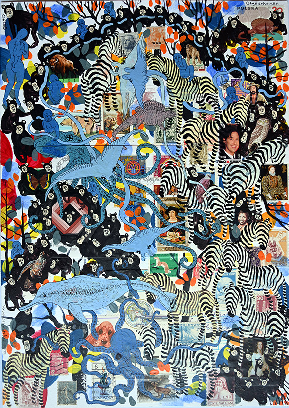 Wunderkammer Göschenen 10 by OtGO 2025 ink & acryl on original Stamps, 420 x 297 mm