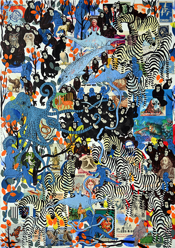 Wunderkammer Göschenen 11 by OtGO 2025 ink & acryl on original Stamps, 420 x 297 mm