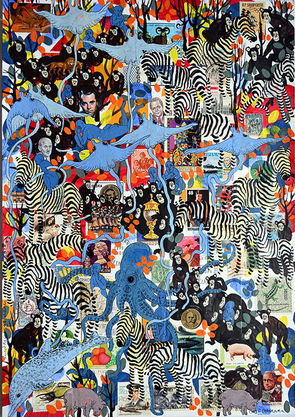 Wunderkammer Göschenen 12 by OtGO 2025 ink & acryl on original Stamps, 420 x 297 mm