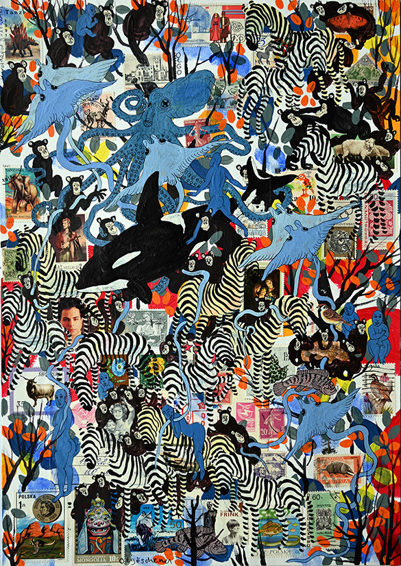 Wunderkammer Göschenen 14 by OtGO 2025 ink & acryl on original Stamps, 420 x 297 mm
