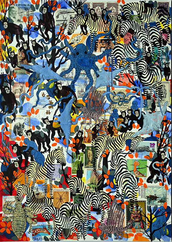 Wunderkammer Göschenen 15 by OtGO 2025 ink & acryl on original Stamps, 420 x 297 mm