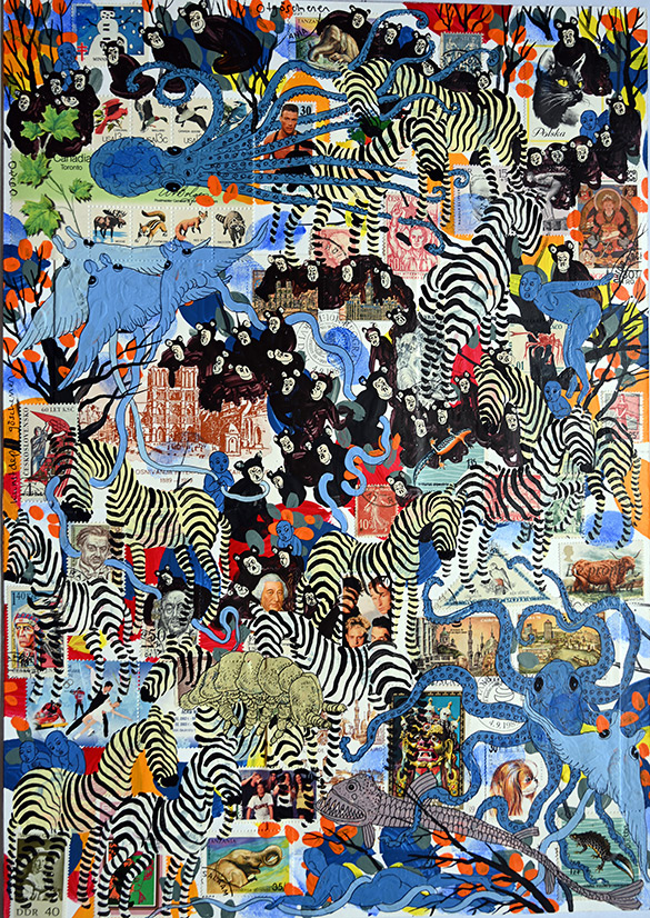 Wunderkammer Göschenen 18 by OtGO 2025 ink & acryl on original Stamps, 420 x 297 mm