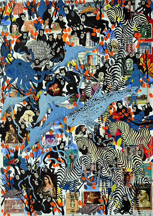 Wunderkammer Göschenen 21 by OtGO 2025 ink & acryl on original Stamps, 420 x 297 mm